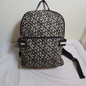 Tommy Hilfiger Black and Cream Patterned Backpack With Gold Accents